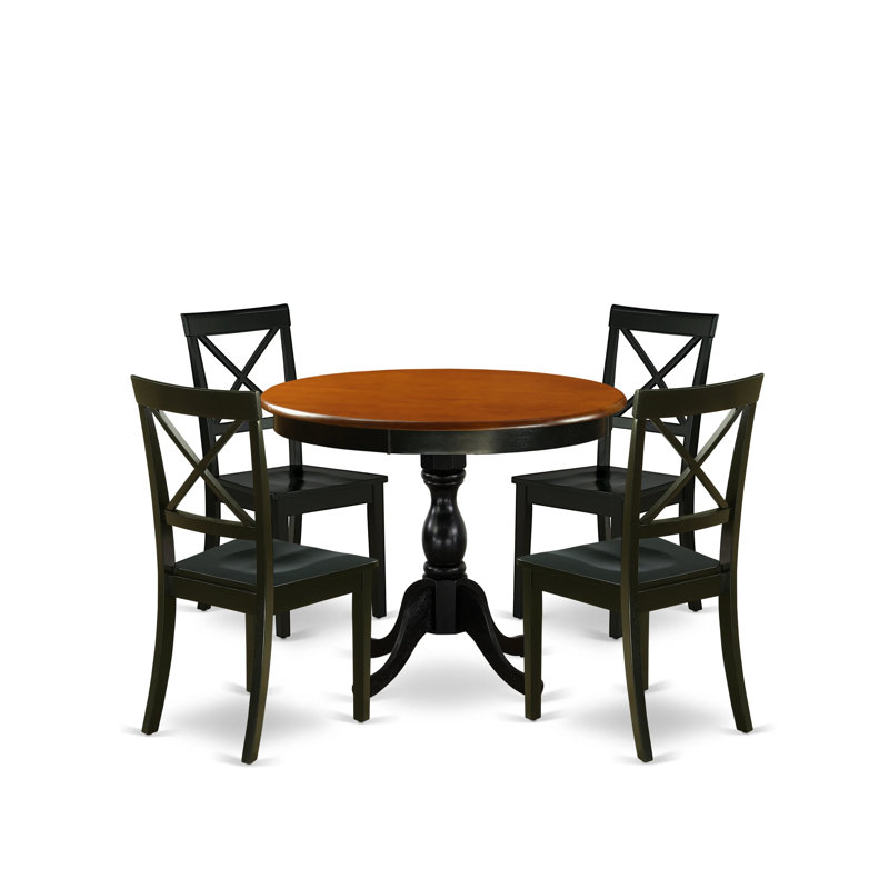 5-Piece Round Table Set Contains a Dinner Table and 4 Dining Room Chairs with X-Back - Black Finish, Black/Cherry, Wooden