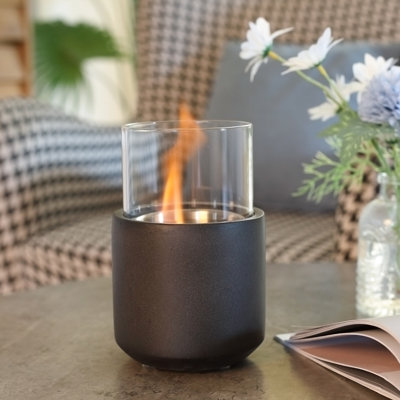 Tabletop Fireplace - Dark Grey Mini Concrete Fire Bowl With Lid. Burns Liquid And Solid Alcohol. Safe, Portable, 195 Sq. Ft. Heat. 4.85X4.85X7.5". 1.5H  Liquid Alcohol , 2.5H  Solid Alcohol Ethanol