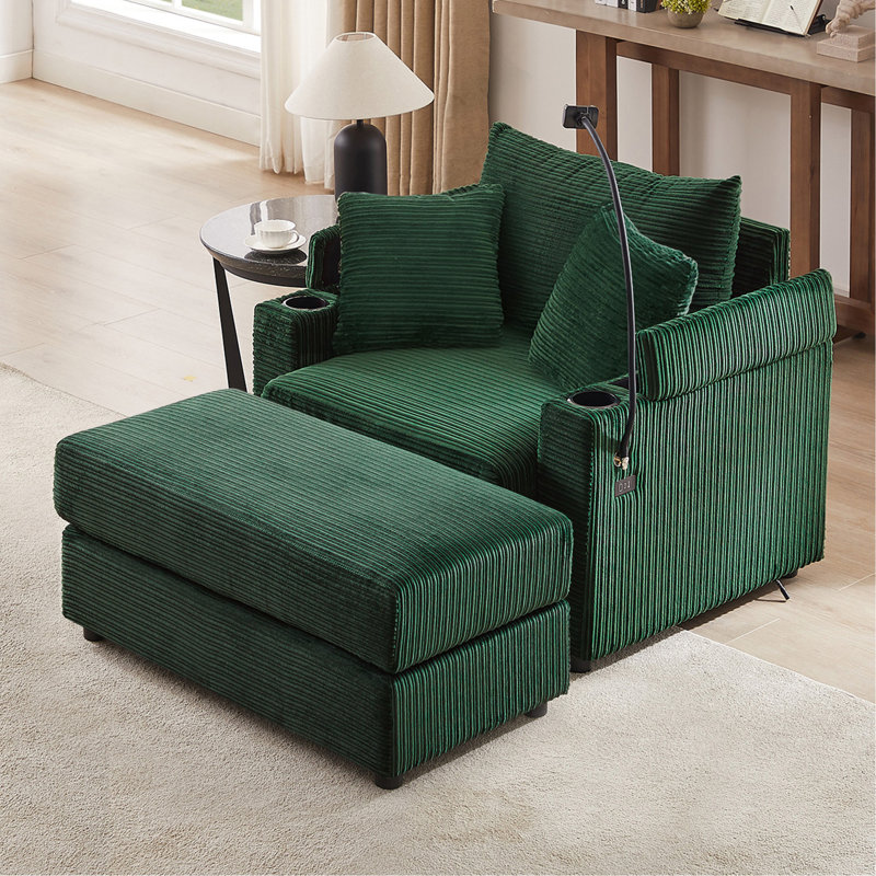 Canapé simple de 41,7 po de style moderne avec espace de rangement, repose-pieds mobile, deux ports USB, deux porte-gobelets, un porte-téléphone pour le salon, vert