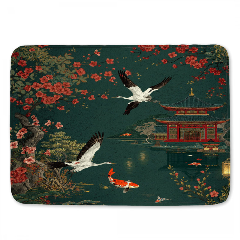 Tapis de bain scène de temple japonais, L 24 po x L 17 po