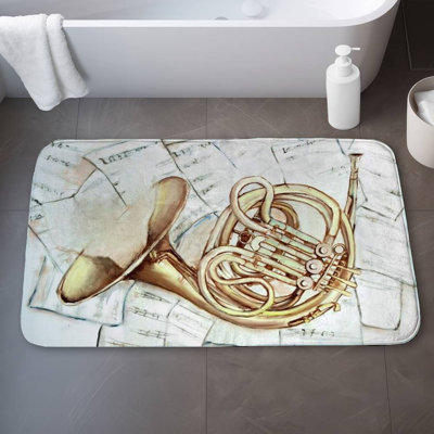 Horn on music sheet Bath Mat with Non-Slip Backing - Quick Dry Memory Foam Bathroom Rug - Absorbent - Modern Plush Spa-Style - Machine Washable