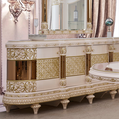White Gold Carved Buffet Antiqued Ivory Cherry Inset Luxury Storage Cabinet