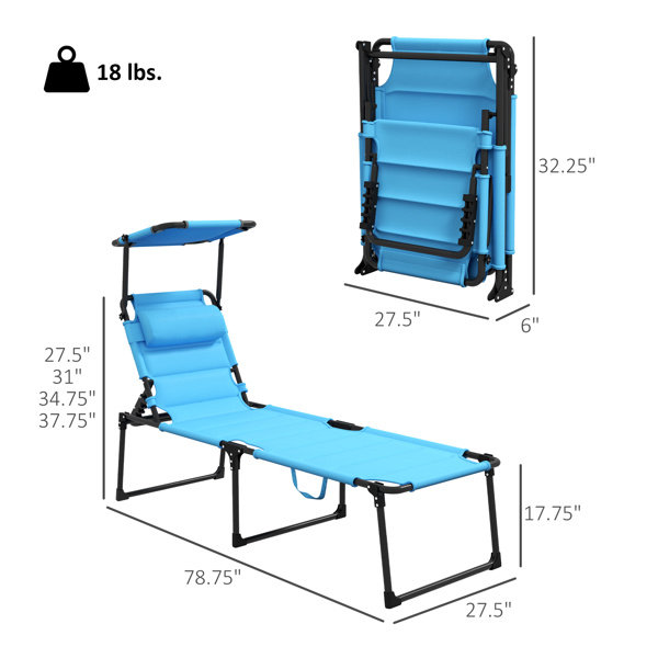 Extra-Long Light Blue Folding Lounge Beach Chair, 27.5x78.75x17.75in, 264lbs Capacity, Padded Oxford Fabric, Blue