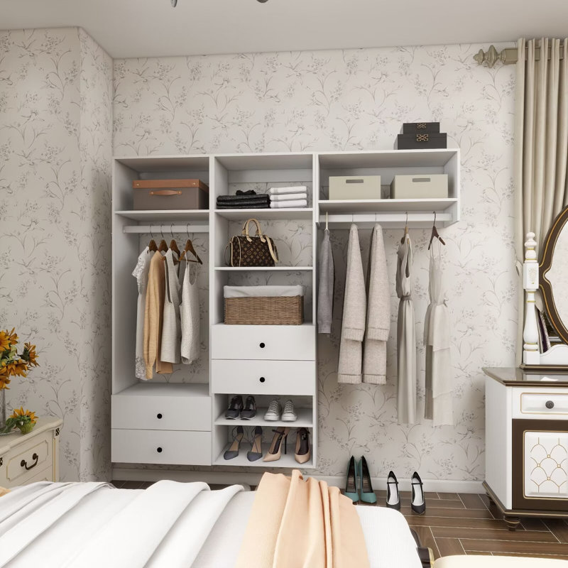 Système d'organisation modulaire blanc avec 2 tringles, 7 tablettes et 4 tiroirs