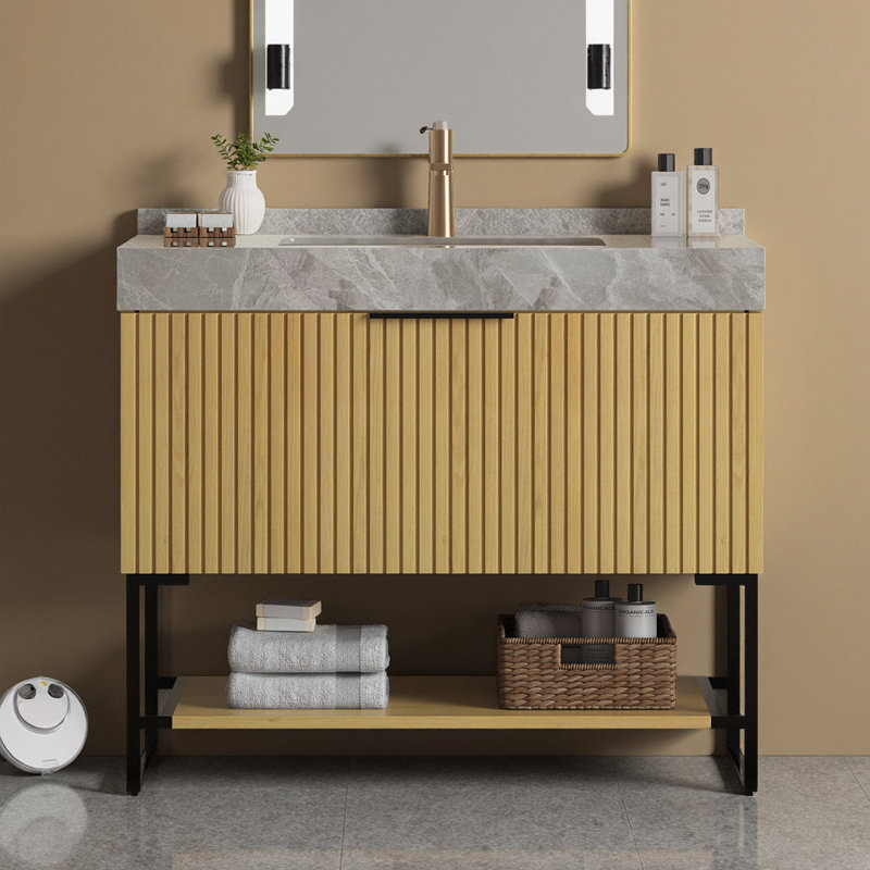 YOLAN Meuble-lavabo de salle de bain autoportant 36 po avec cuve en céramique frittée Corolla, Chêne doré, 36", Gris clair