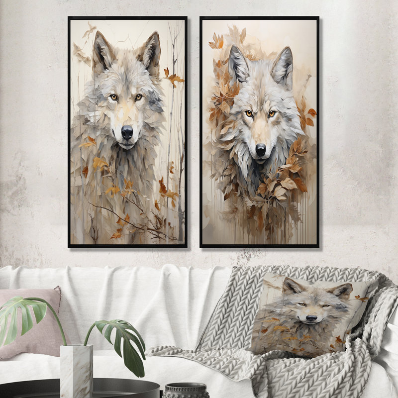 Minimalisme beige loup Expression - ensemble de salon mural loup, H 40 po x l 41 po, Cadre noir