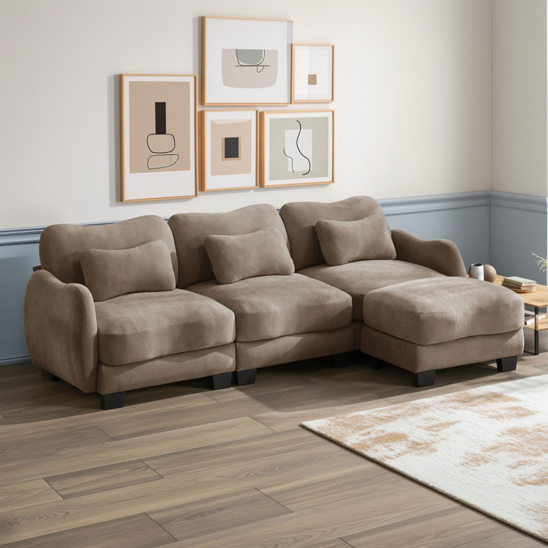 Canapé d'angle trois places en forme de L avec pouf amovible, Café