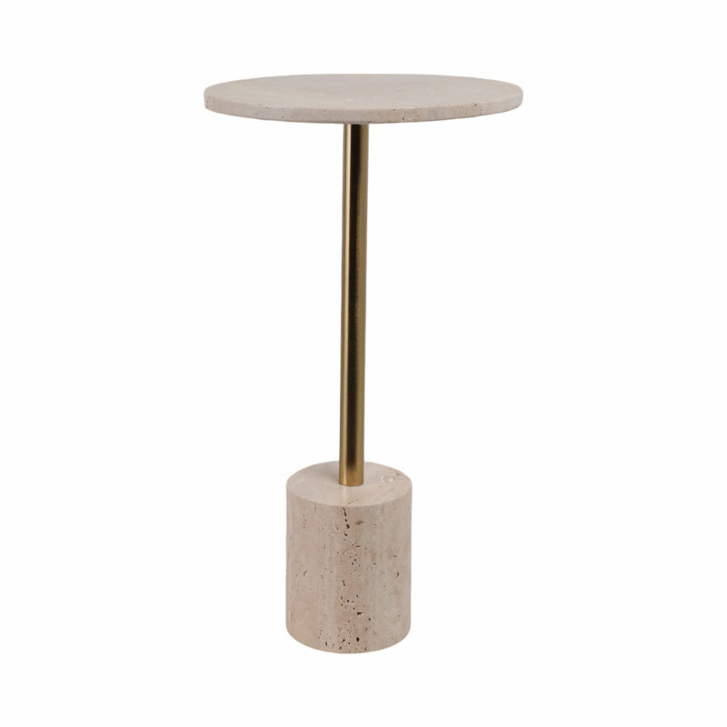Accent Table Travertine Stone Iron Modern for Living Room Bedroom Office - 22" Ivory & Tan