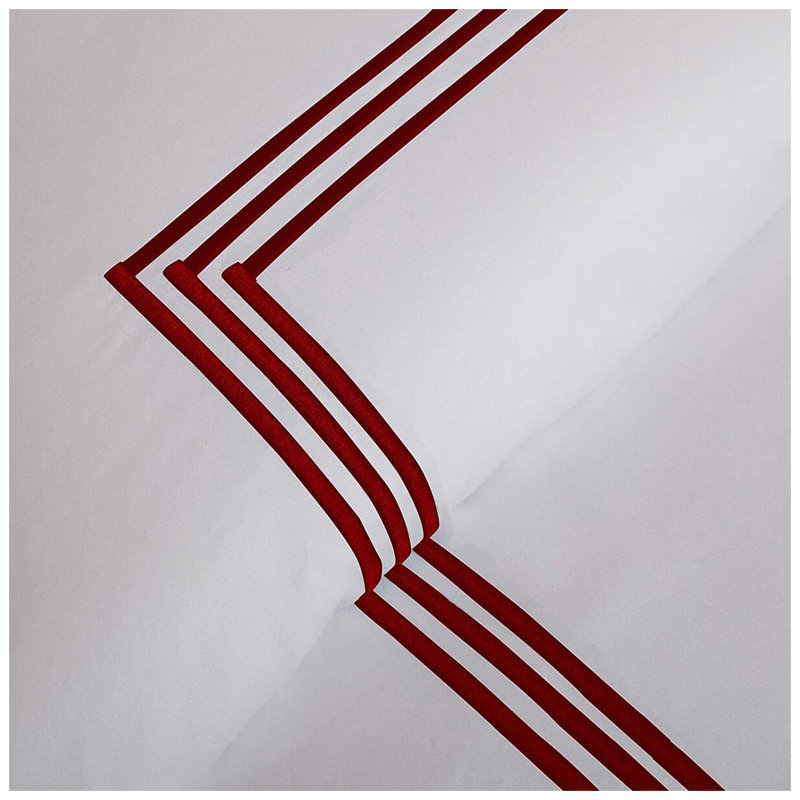 400TC Cotton Triple Embroidery Sateen Solid Duvet Cover Set, White/Burgundy, Twin/Twin XL Duvet Cover