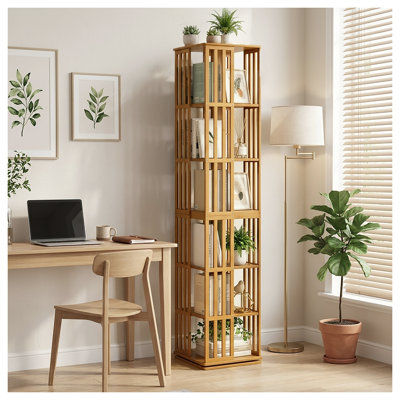 360° Rotating Bamboo Bookshelf Tower, 70" H 6-Tier Freestanding Spinning Display Storage Unit in Brown