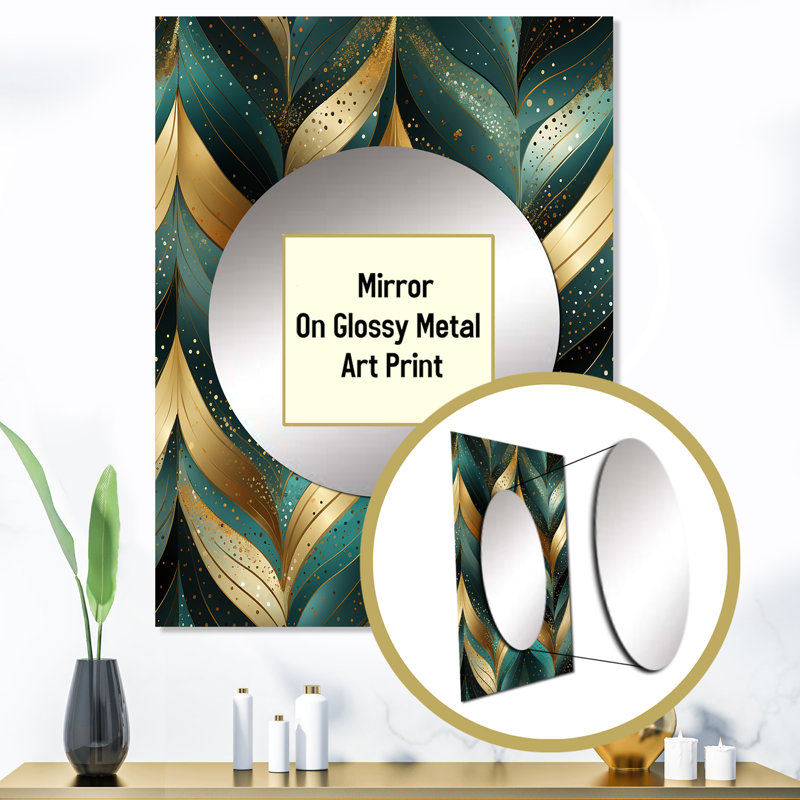 Ahyuini Gold And Green Gilded Chevron Reverie - marble  Unique Wall Mirror, Modern Mirror, Printed Metal Art, 40" x 30"
