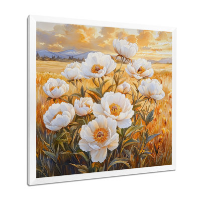 Pivoines dans un champ d'automne chaud II - pivoines, art mural large
