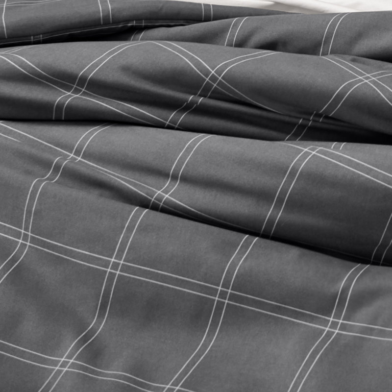 Down Alternative Track Stitch Comforter Set, Gray/White Plaid, King Comforter + 2 King Shams