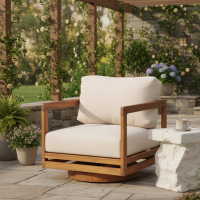 Outdoor Swivel Lounge Chair, Teak Finish with Beige Cushion
