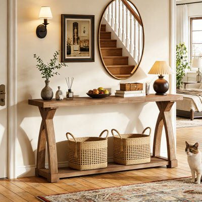 63" Solid Wood Console Table, Narrow Sofa Entryway Table with 2-Tier Storage