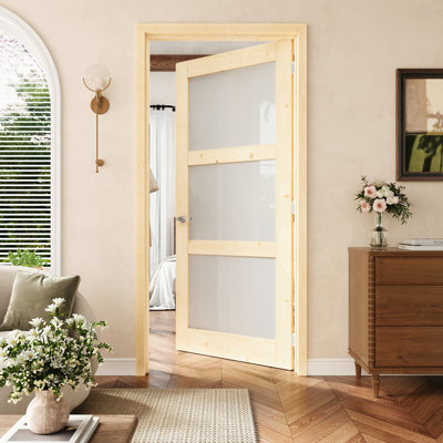 32" x 80" 3-Lite Pine Wood & Frosted Glass Interior Prehung Door with Silver Hinges, Privacy Glass Door Slab with Frame, Interior Door as Pantry Door, Bedroom Door, Laundry Door, Closet Doors, Room Doors, Right Hand