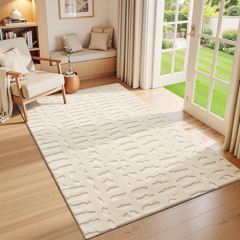 Modern Neutral Plush Velvet Area Rug Washable Non-Slip Ivory Carpet, Rectangle 3' x 5'