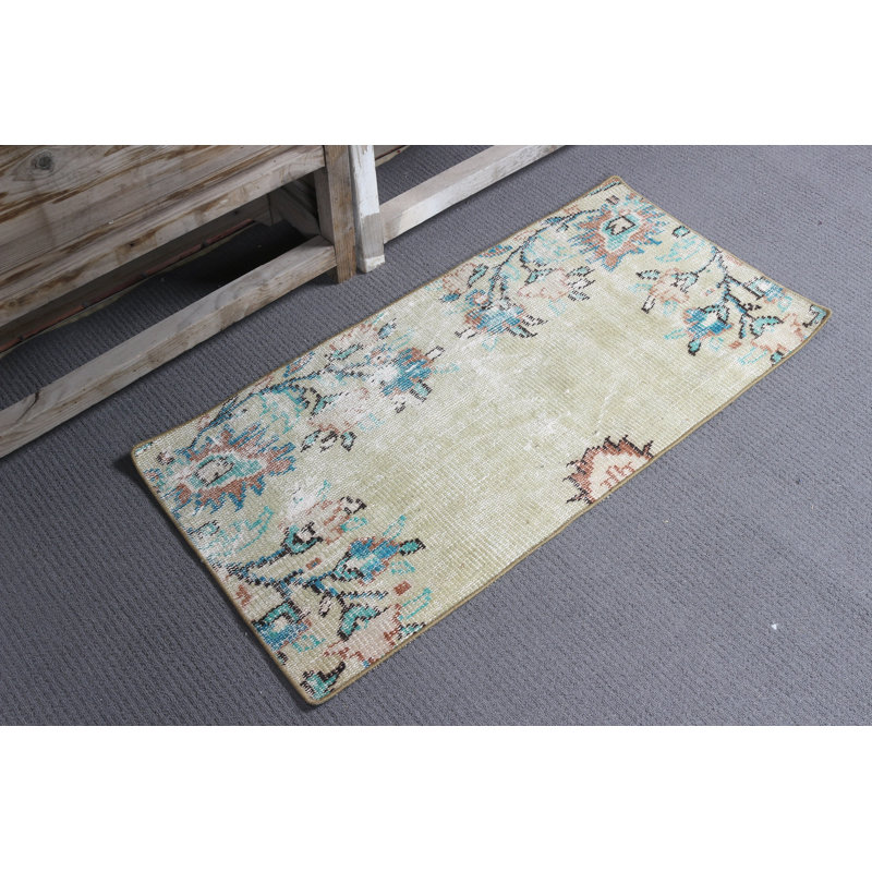 Small Handmade Vintage Turkish Wool Oushak Rug in Green for Interior Design and Dorm Door Mat Use