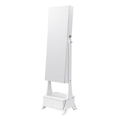 Armoire à bijoux avec miroir, miroir sur pied avec rangement, organisateur de miroir à bijoux verrouillable avec miroir pleine longueur, doublure en velours, éclairage intérieur à DEL, tiroir, armoire à bijoux autoportante, blanc