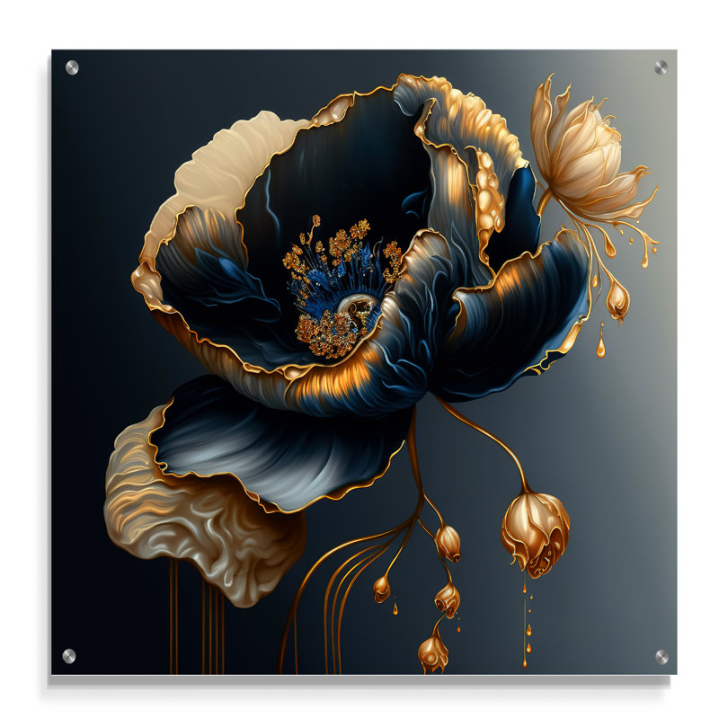 Bleu profond et fleur simple dorée I - décoration murale acrylique florale, H 36 po x l 36 po