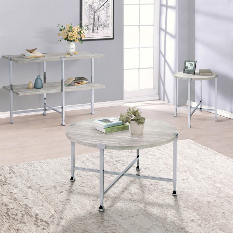 Table basse ronde en chêne blanc et chrome