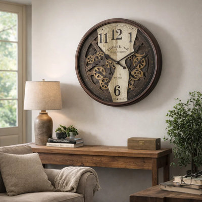 Wall Clock, 30 Inch, Round Dark Brown Body, Moving Gear Mechanism