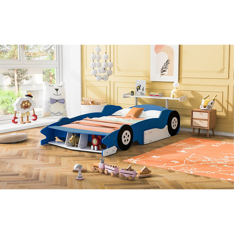 Full Size Race Car-Shaped Platform Bed With Wheels, Blue