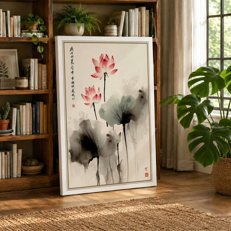 Lotus Flowers in Ink Japandi 1 Piece Wrapped Canvas Wall Art, 36x24 - 91.4 x 61.0 cm, Black Border