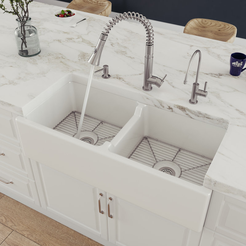 39.5'' L Double Bowl Fireclay Kitchen Sink, White