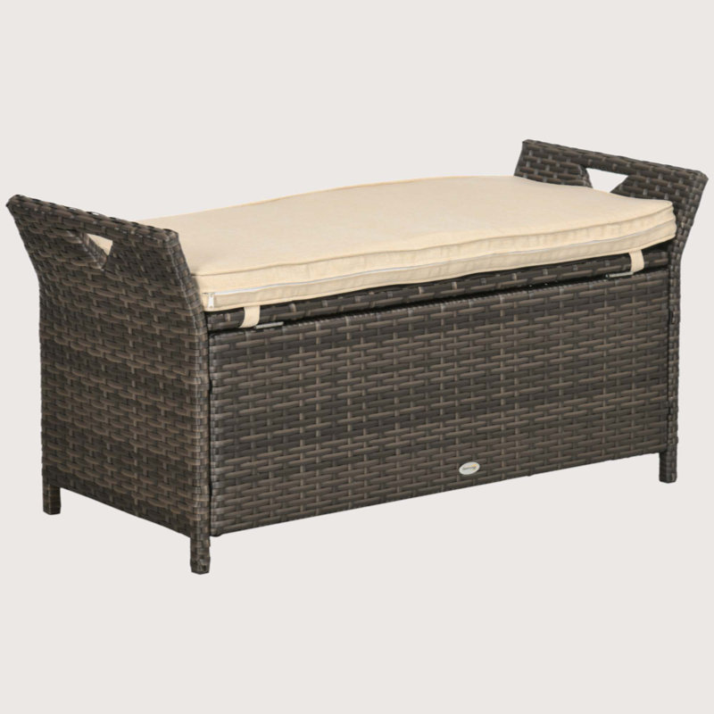 27 Gallon Patio Wicker Storage Bench, Outdoor PE Rattan Patio Furniture, 2-In-1 Large Capacity Rectangle Garden Storage Box With Handles And Cushion, Cream White