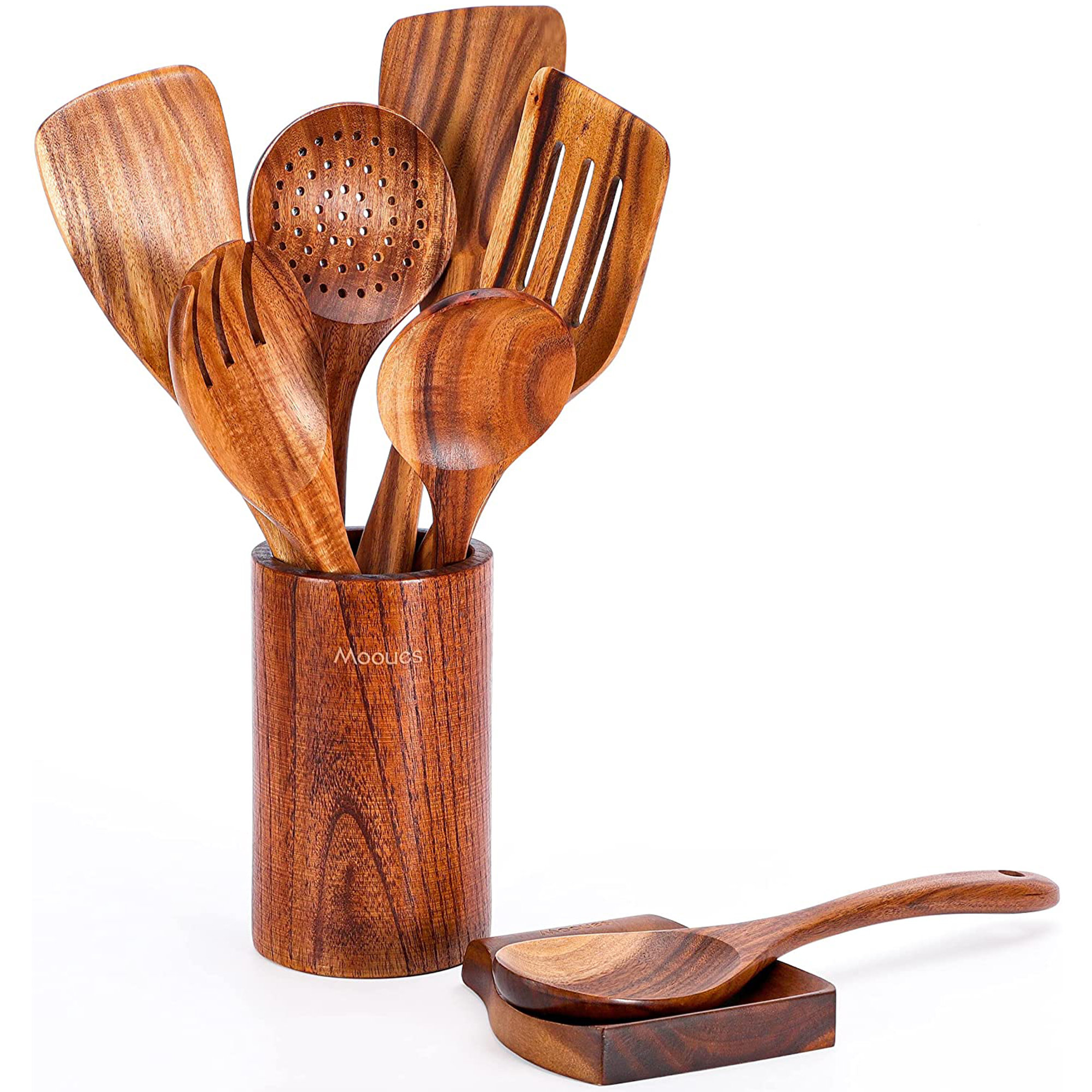 Wooden Kitchen Utensils Set,GUDAMAYE 9 PCE Natural Teak Wooden Spoons For  Non-stick Pan for Cooking