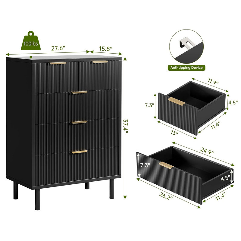 Commode ondulée à 5 tiroirs Wave, commode haute de 38 po avec dispositif anti-basculement, pieds en métal pour la chambre à coucher, vestibule, petits espaces