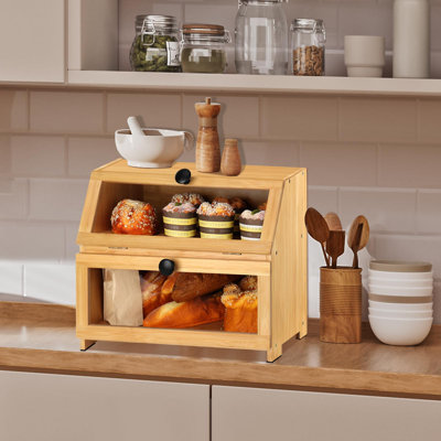 Boîte à pain en bambou pour comptoir de cuisine, grand contenant à pain, support de boîte à pain 2 couches pour comptoir de cuisine, armoire, garde-manger, armoire (naturel)