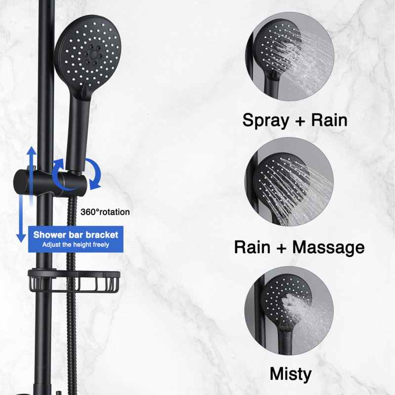 Pomme de douche à pluie 10 po et pomme de douche à main avec barre coulissante, noir mat