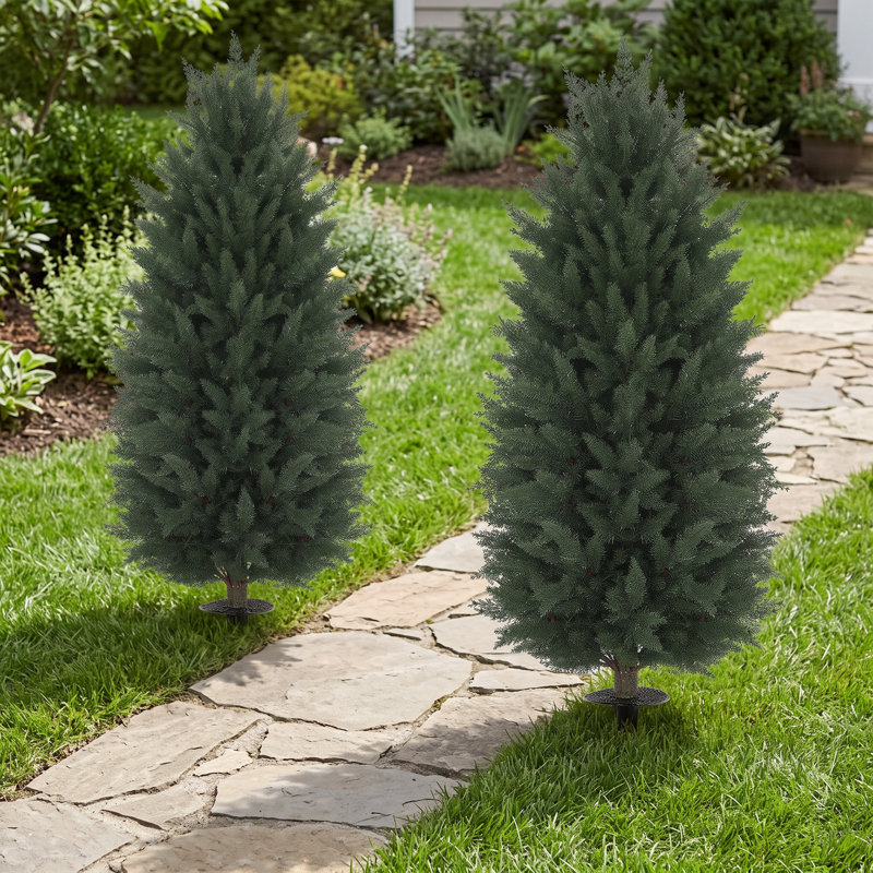 Topiaire de cyprès artificiel avec piquet de sol, ensemble de 2 arbustes artificiels de 43,3 pouces, arbre à feuilles persistantes artificiel pour porche, plantes artificielles pour jardinières d'extérieur