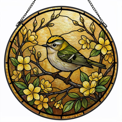 12"H Bird Flower Stained Glass Window Panel