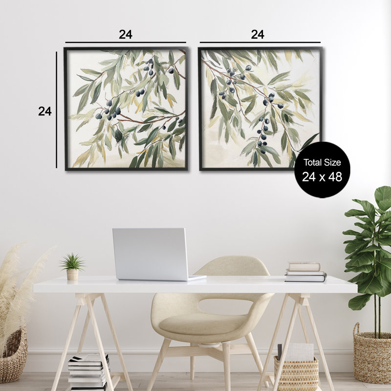 Ensemble de 2 giclées encadrées Olive Branches en pastel, design par Mona Grace, H 24 po x l 48 po