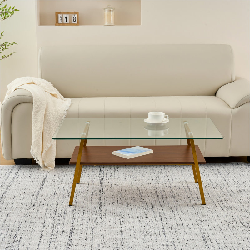 Table basse rectangulaire de 38 pouces, luxe compact en verre trempé transparent avec pieds en métal doré, centre de table de salon moderne