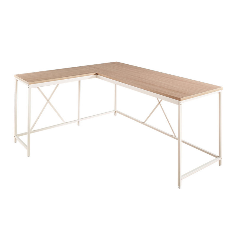 L-Shaped Metal Base Writing Desk, Brown/White