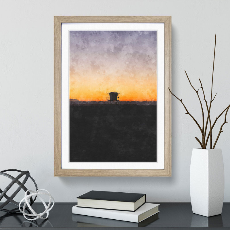 Lifeguard Station on Huntington Beach 1 Piece Single Picture Frame Painting on MDF, 33cm H x 24cm W x 2cm D, Oak Framed