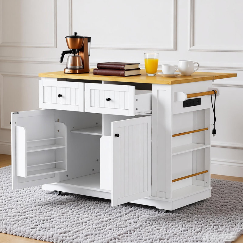 48 Inch Large Kitchen Island With Drop Leaf,power Outlet,internal Storage Rack,rolling Kitchen Storage Cart On 5 Wheels With 5 Open Side Racks For Kitchen,dining Room,white (not Include Stools)