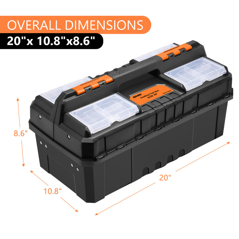 2-Layer Lockable Tool Box Plastic Portable Storage Folding Toolbox Tray Divider Tool Organizers, Black/Orange