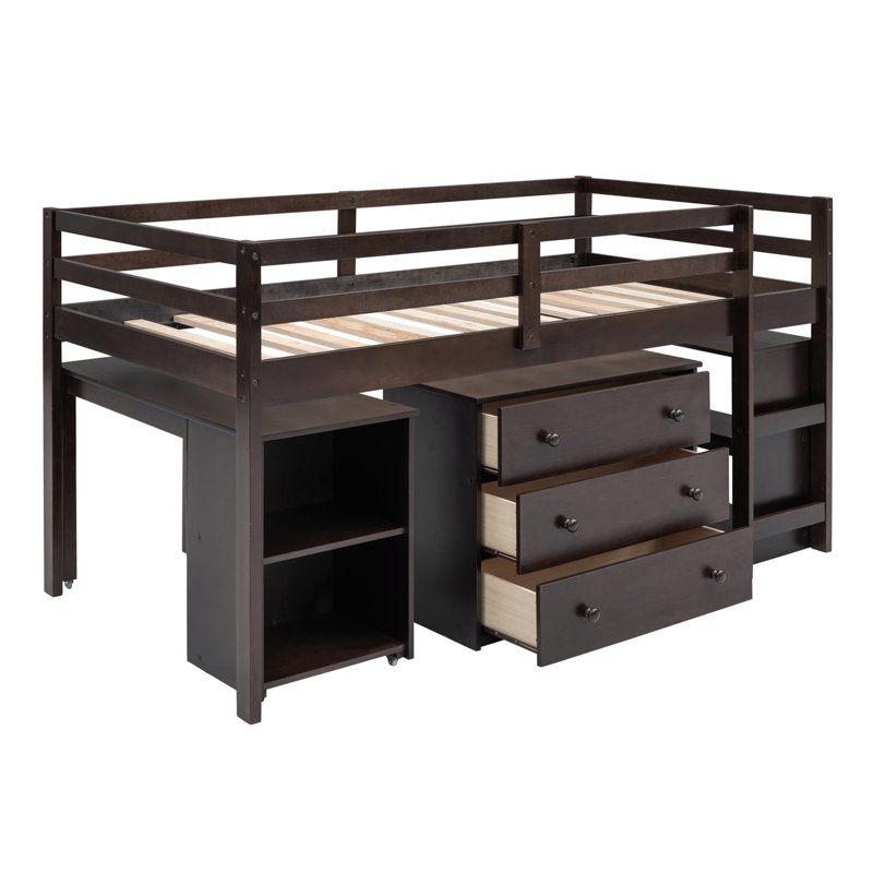 Structure de lit Loft avec bureau portable roulant, Espresso
