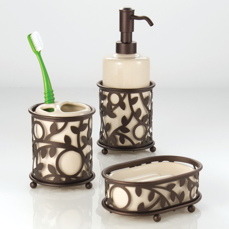 Vanilla and Bronze Ceramic Soap Dispenser with Vine Design