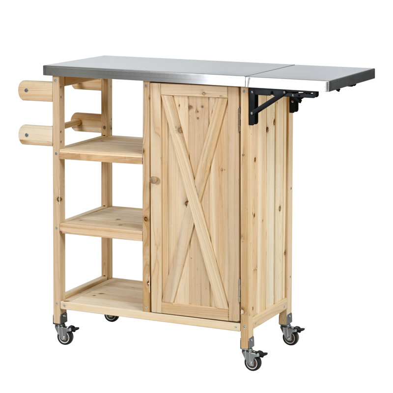 Chariot de barbecue extérieur avec abattant pliable, Naturel