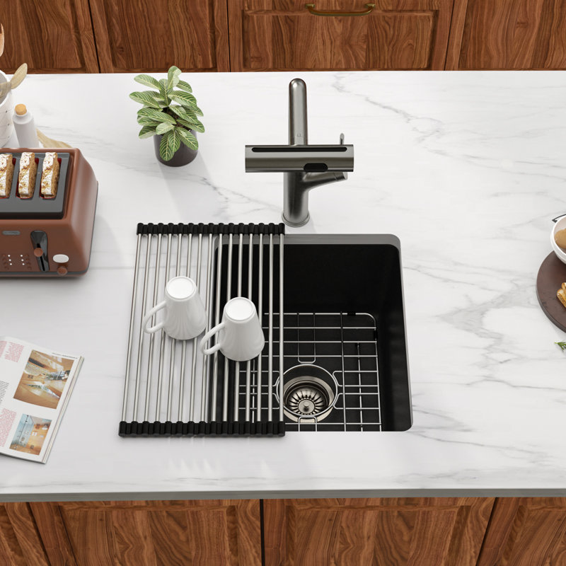 Évier de cuisine en composite de granite à cuve simple encastrable en quartz 15 po x 18 po Quartz, Noir