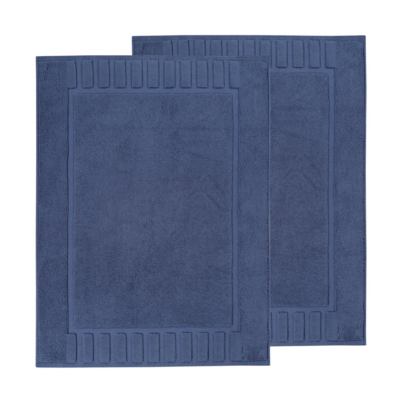 Tapis de bain 100% coton à bordure géométrique , Marine