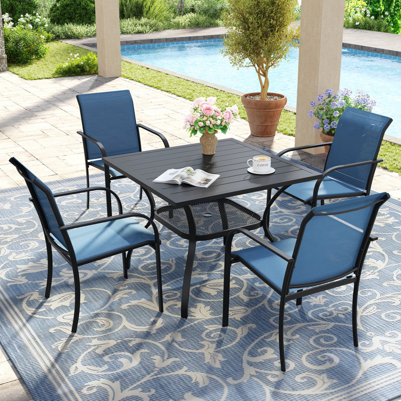 Ensemble de salle à manger de patio pour 4 personnes avec chaises empilables PVC-coated polyester, Blue/Black