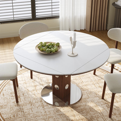 Table de salle à manger extensible 47 po pour 4 à 6 personnes, table de cuisine pliante en pierre frittée avec base en bois de noyer, table de salle à manger moderne peu encombrante