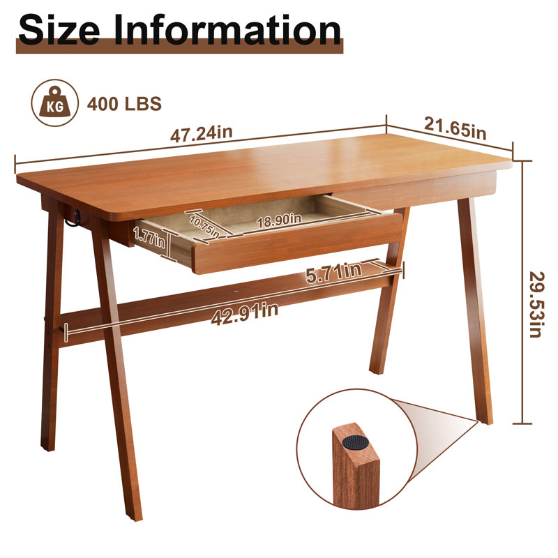 100% Solid Wood Writing Desk - Mid Century Modern Desk, Home Office Desks With 2 Drawers And Storage Shelf, Small Computer Desks, Study Makeup Workstation For Bedroom/living Room,